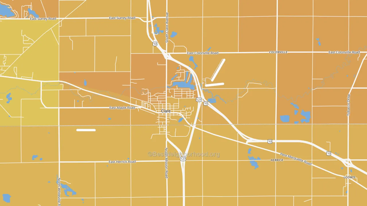 Map of the best neighborhoods in the Clare area, with better matches in green and worse matches in red