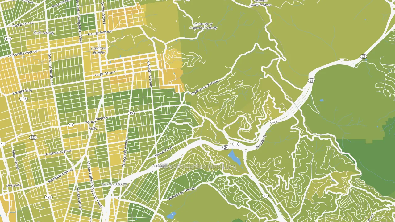 Map of the best neighborhoods in the Claremont, Berkeley area, with better matches in green and worse matches in red