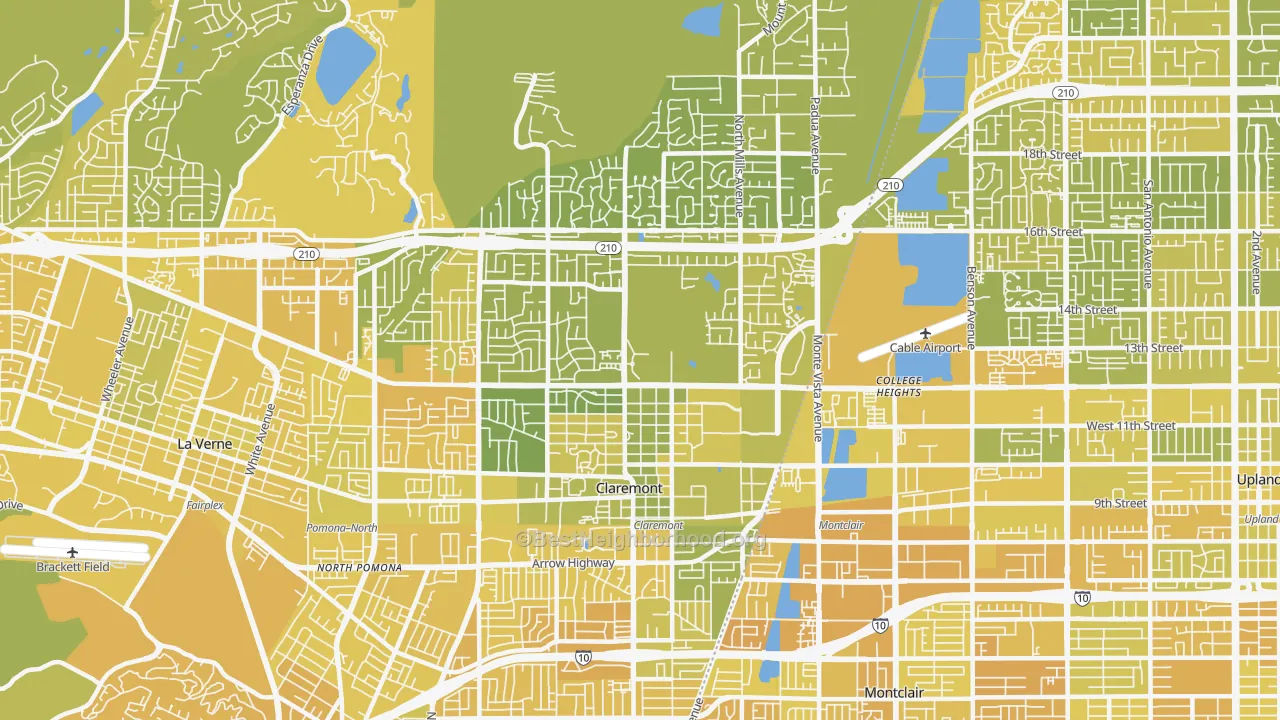 Map of the best neighborhoods in the Claremont area, with better matches in green and worse matches in red