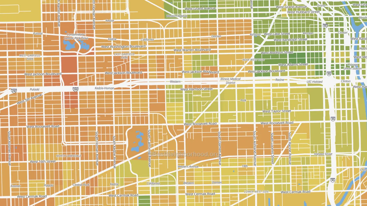 Map of the best neighborhoods in the Claremont Cottages, Chicago area, with better matches in green and worse matches in red