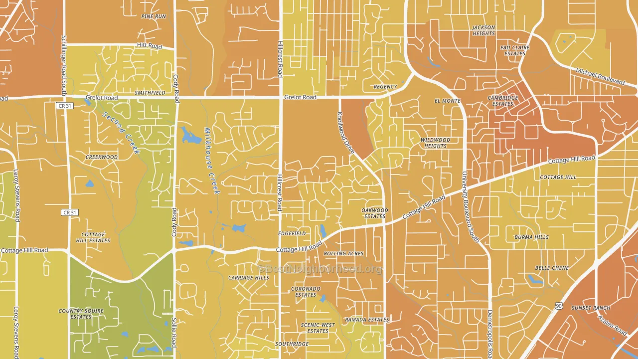 Map of the best neighborhoods in the Claremont, Mobile area, with better matches in green and worse matches in red