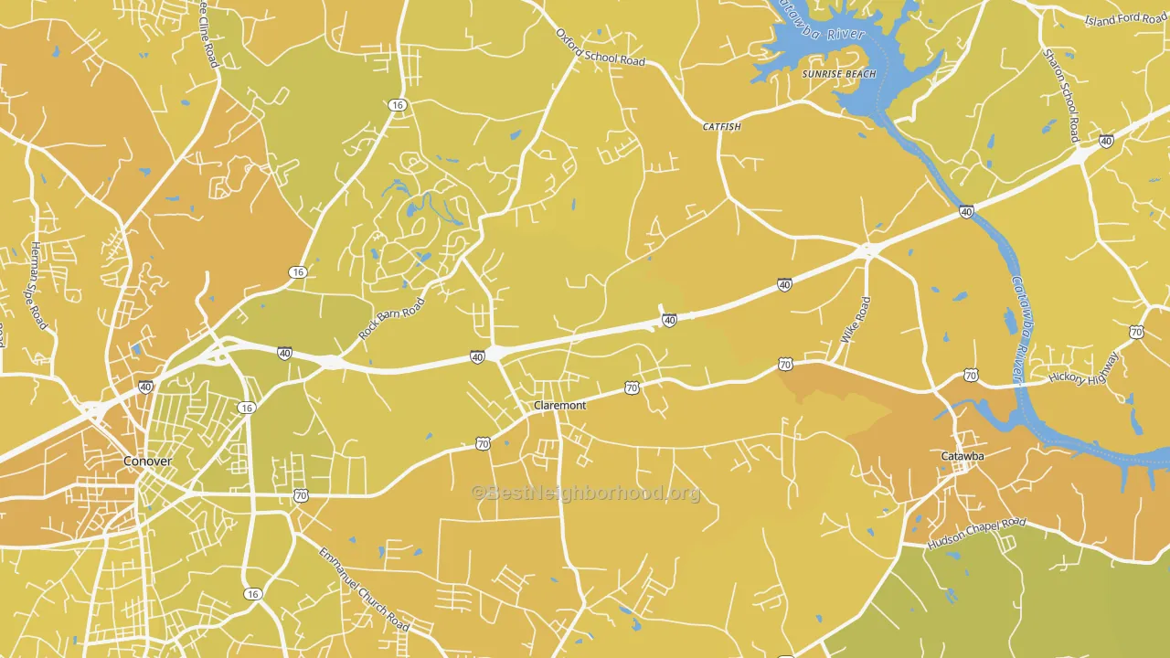 Map of the best neighborhoods in the Claremont area, with better matches in green and worse matches in red