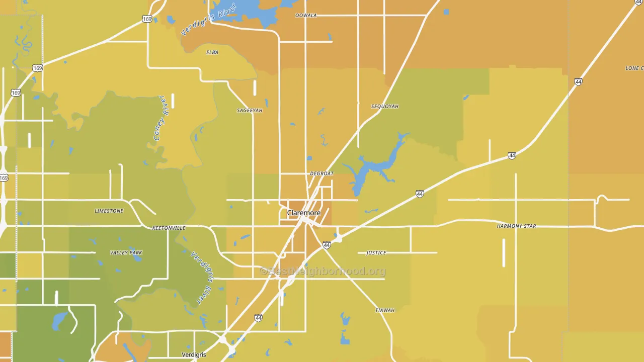 Map of the best neighborhoods in the Claremore area, with better matches in green and worse matches in red