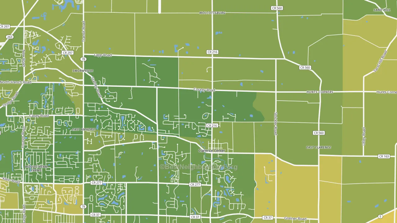 Map of the best neighborhoods in the Clarence Center area, with better matches in green and worse matches in red