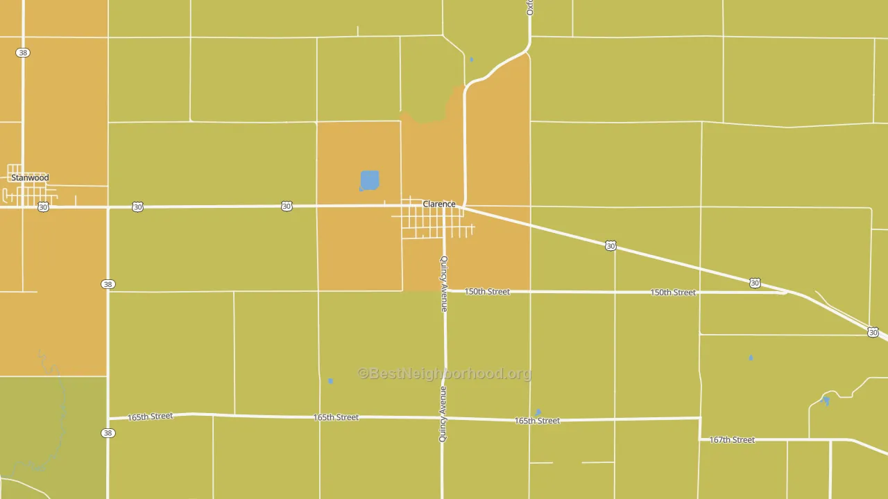 Map of the best neighborhoods in the Clarence area, with better matches in green and worse matches in red