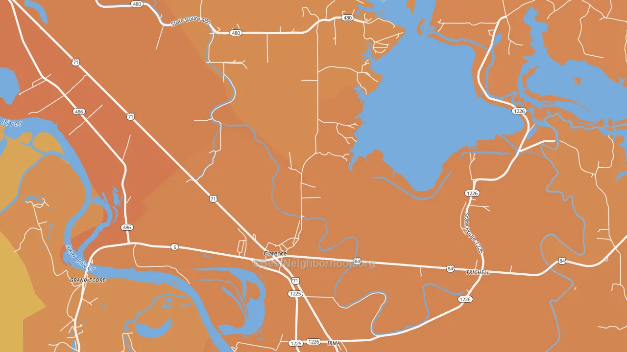 Map of the best neighborhoods in the Clarence area, with better matches in green and worse matches in red