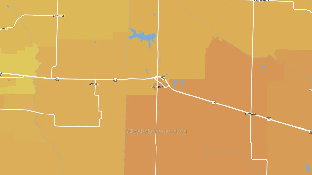 Map of the best neighborhoods in the Clarence area, with better matches in green and worse matches in red