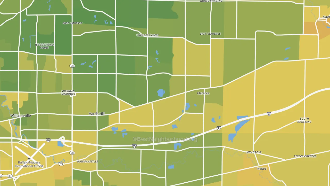Map of the best neighborhoods in the Clarence area, with better matches in green and worse matches in red