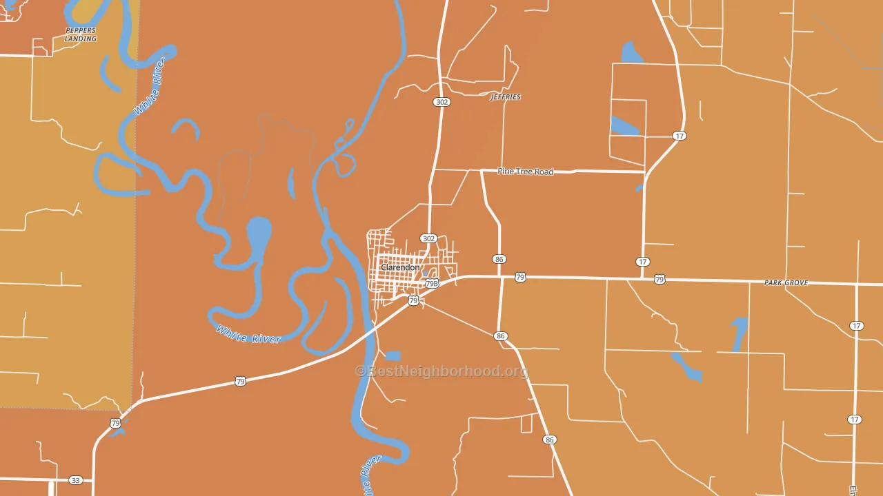 Map of the best neighborhoods in the Clarendon area, with better matches in green and worse matches in red