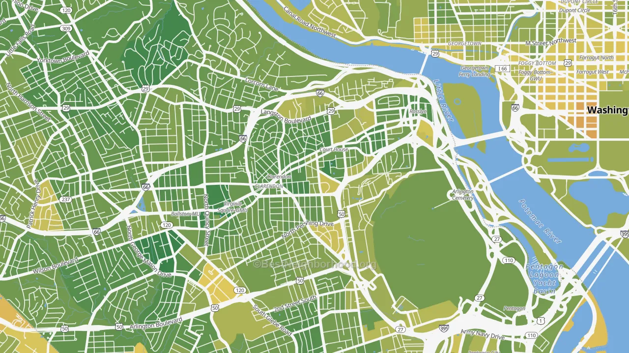 Map of the best neighborhoods in the Clarendon, Arlington area, with better matches in green and worse matches in red