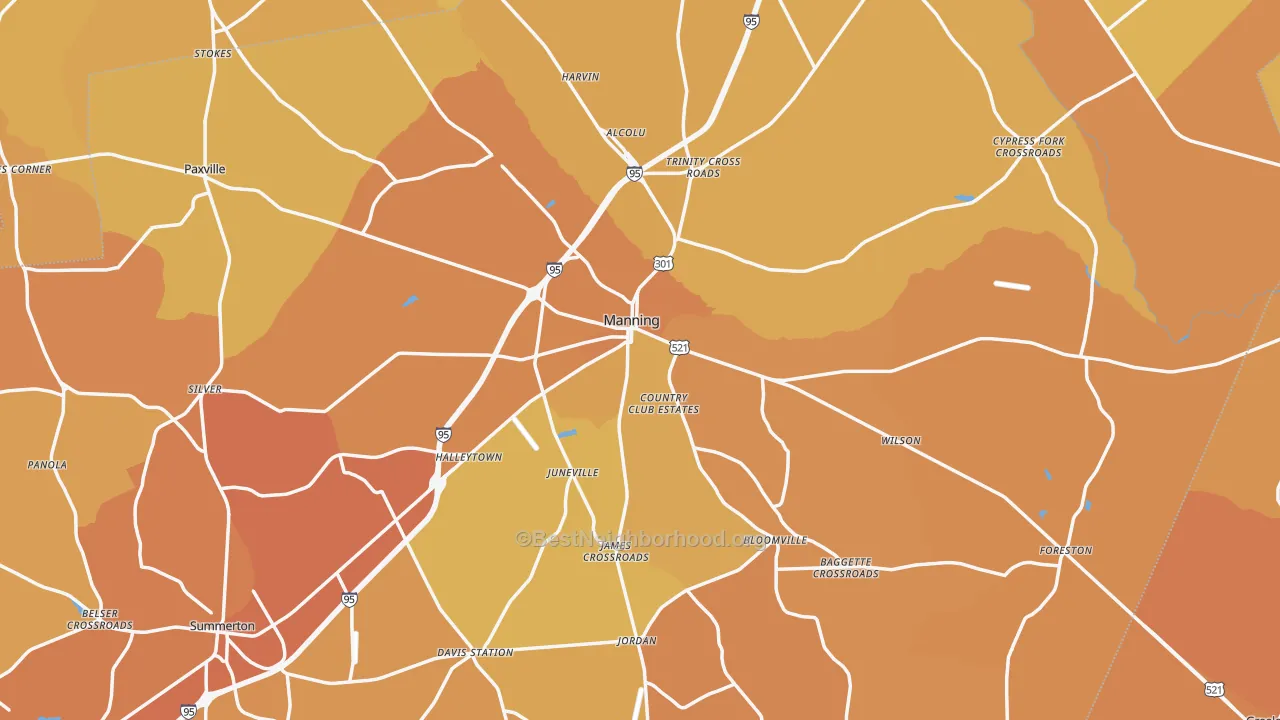 Map of the best neighborhoods in the Clarendon County area, with better matches in green and worse matches in red