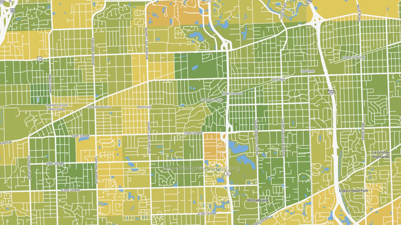 Map of the best neighborhoods in the Clarendon Hills area, with better matches in green and worse matches in red