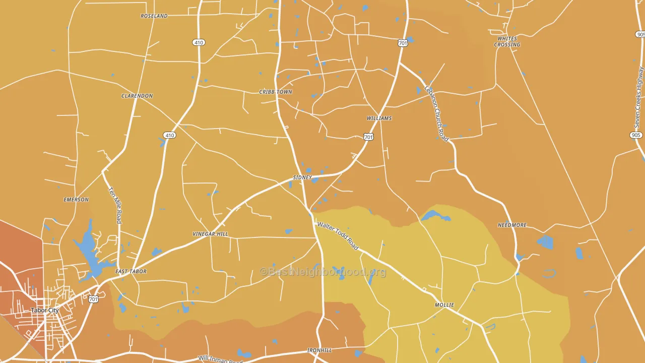 Map of the best neighborhoods in the Clarendon area, with better matches in green and worse matches in red