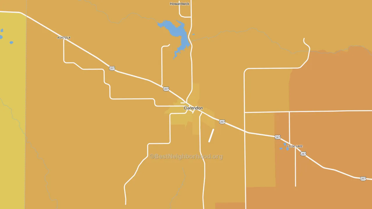 Map of the best neighborhoods in the Clarendon area, with better matches in green and worse matches in red
