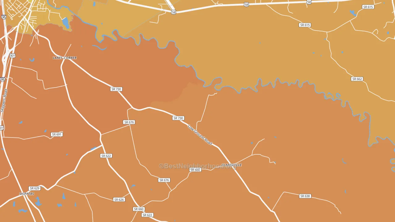 Map of the best neighborhoods in the Claresville area, with better matches in green and worse matches in red