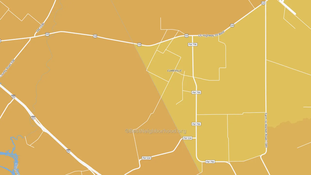 Map of the best neighborhoods in the Clareville area, with better matches in green and worse matches in red