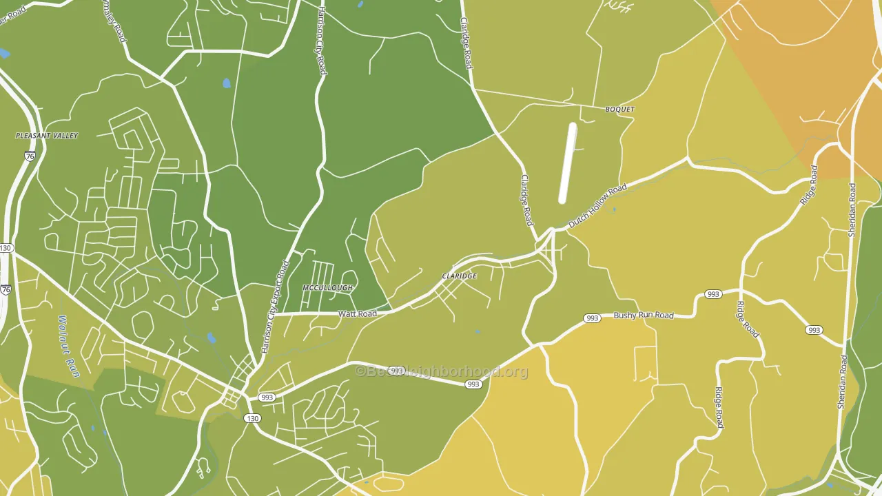Map of the best neighborhoods in the Claridge area, with better matches in green and worse matches in red