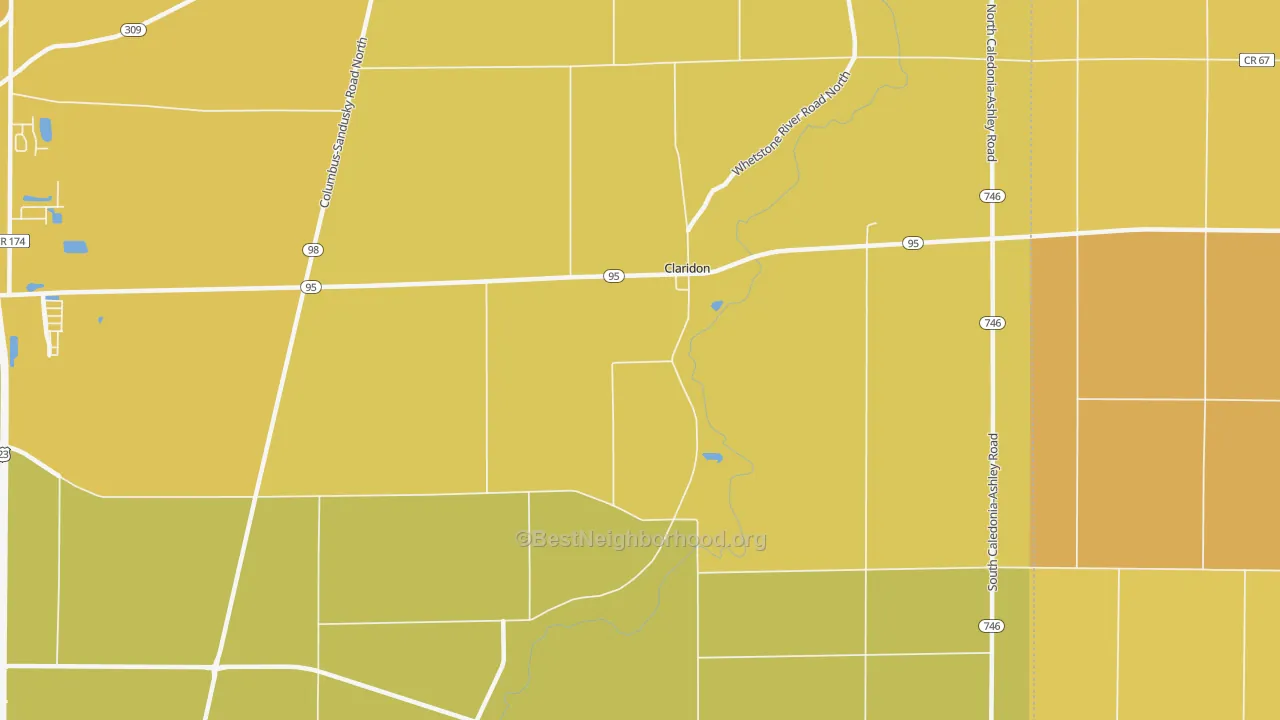 Map of the best neighborhoods in the Claridon area, with better matches in green and worse matches in red