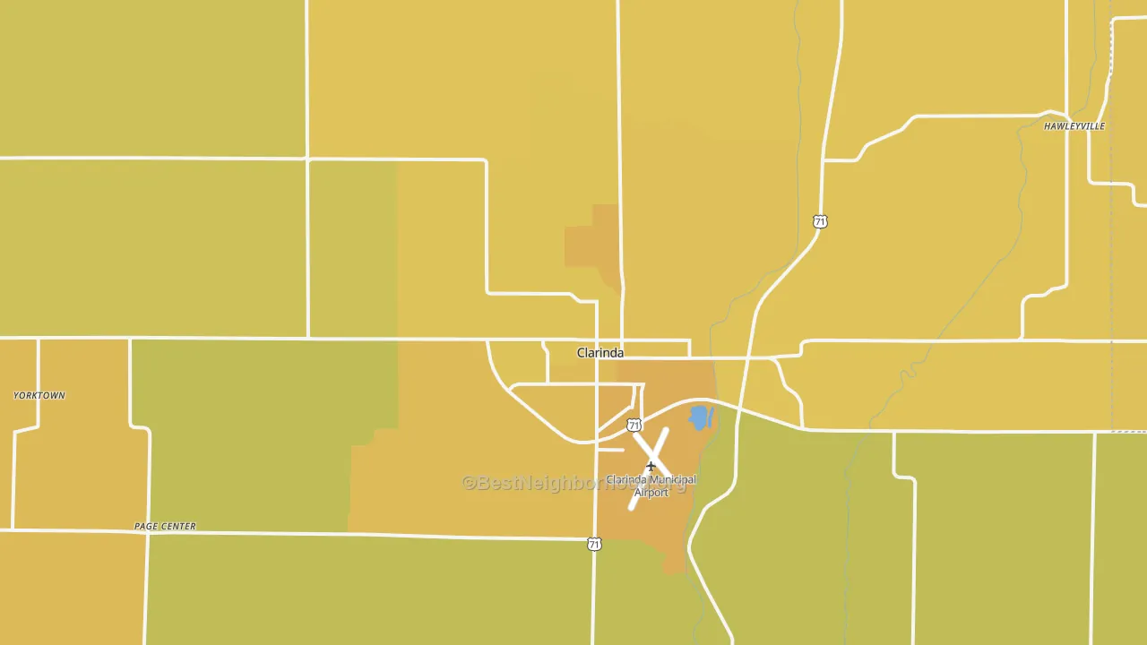 Map of the best neighborhoods in the Clarinda area, with better matches in green and worse matches in red