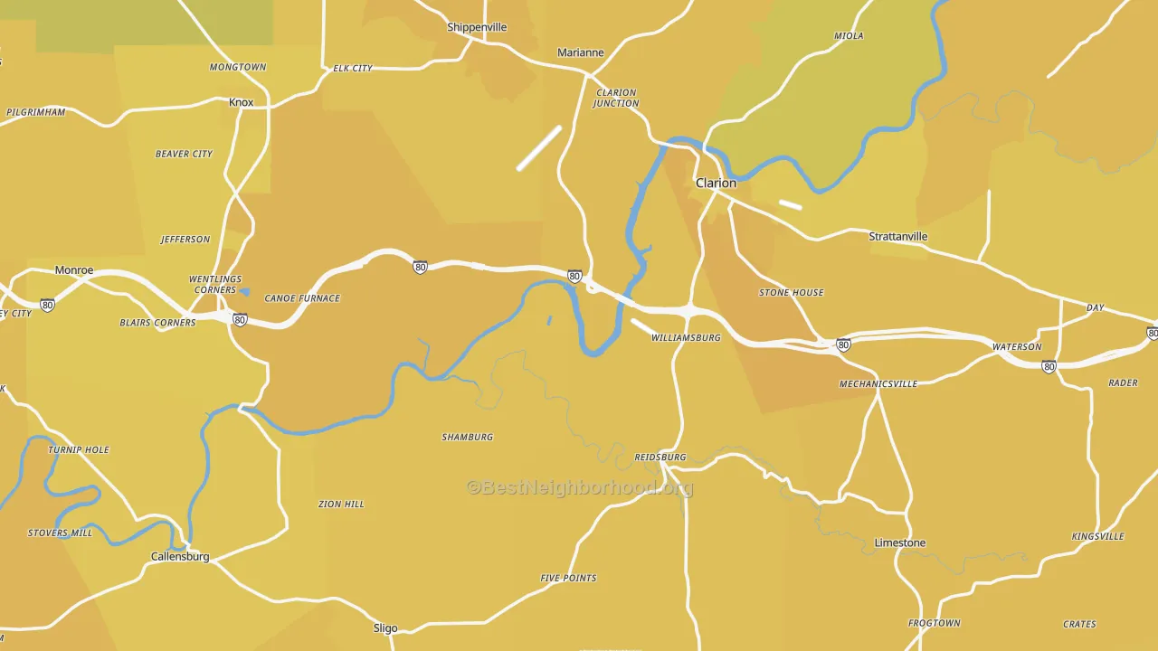 Map of the best neighborhoods in the Clarion County area, with better matches in green and worse matches in red