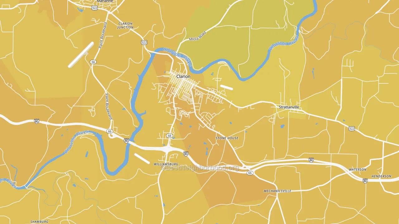 Map of the best neighborhoods in the Clarion area, with better matches in green and worse matches in red