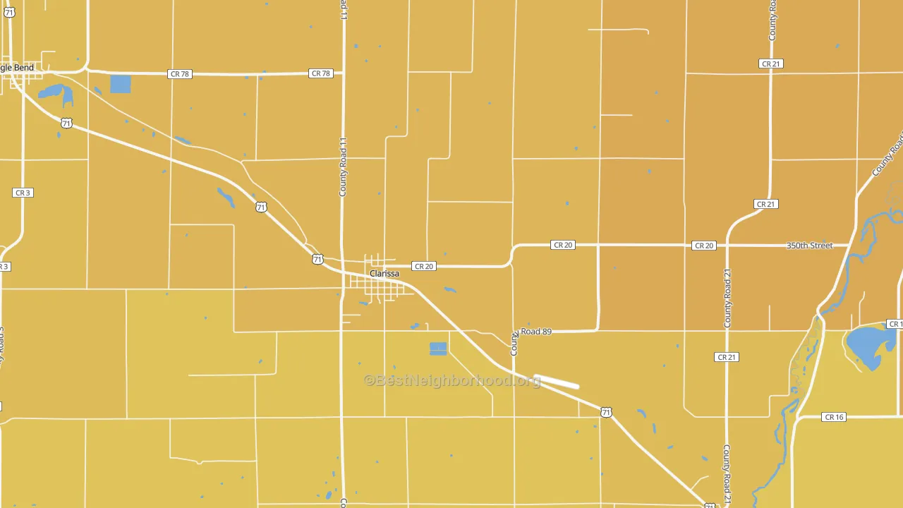 Map of the best neighborhoods in the Clarissa area, with better matches in green and worse matches in red