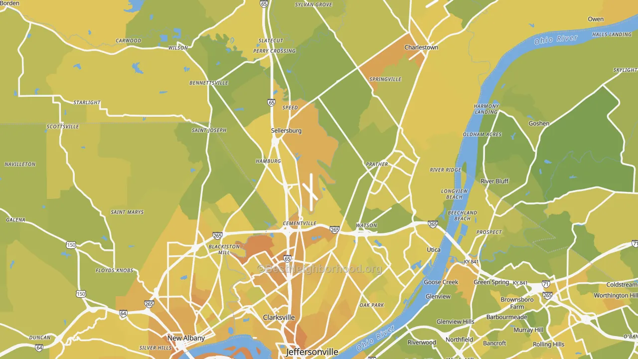 Map of the best neighborhoods in the Clark County area, with better matches in green and worse matches in red