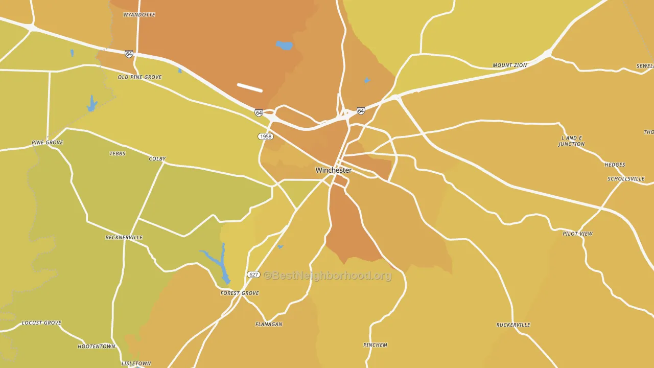 Map of the best neighborhoods in the Clark County area, with better matches in green and worse matches in red