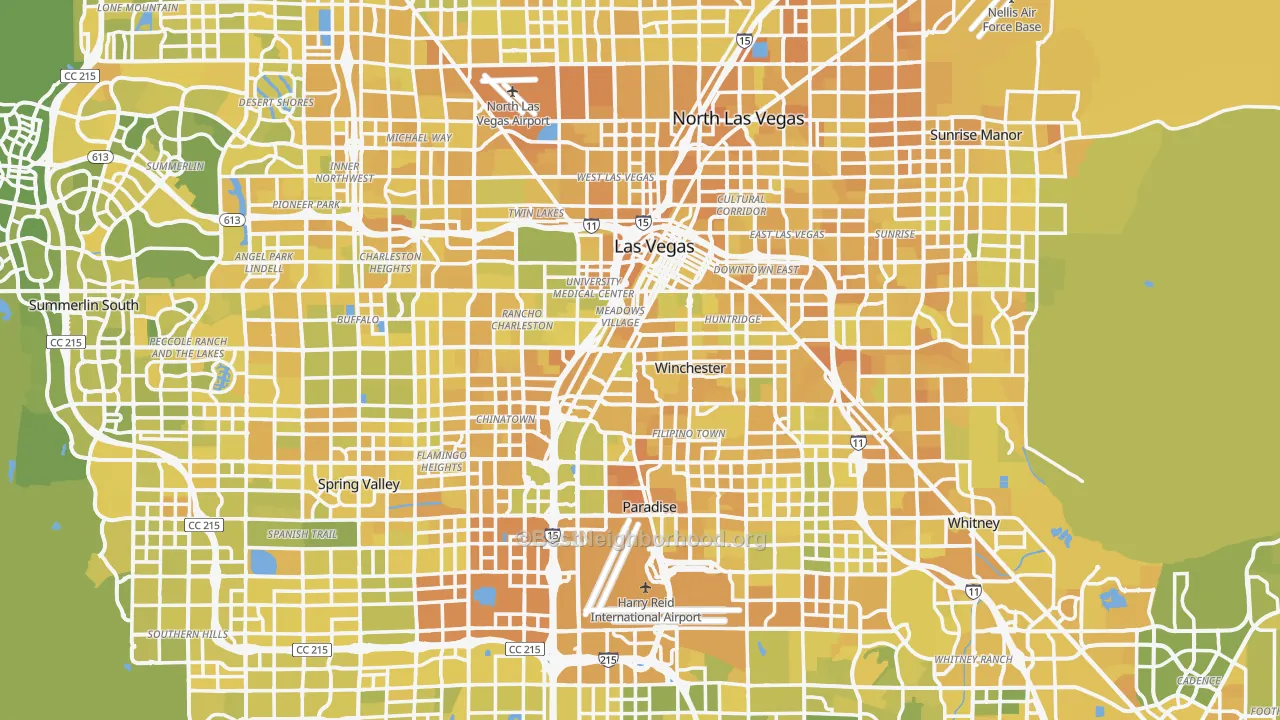 Map of the best neighborhoods in the Clark County area, with better matches in green and worse matches in red