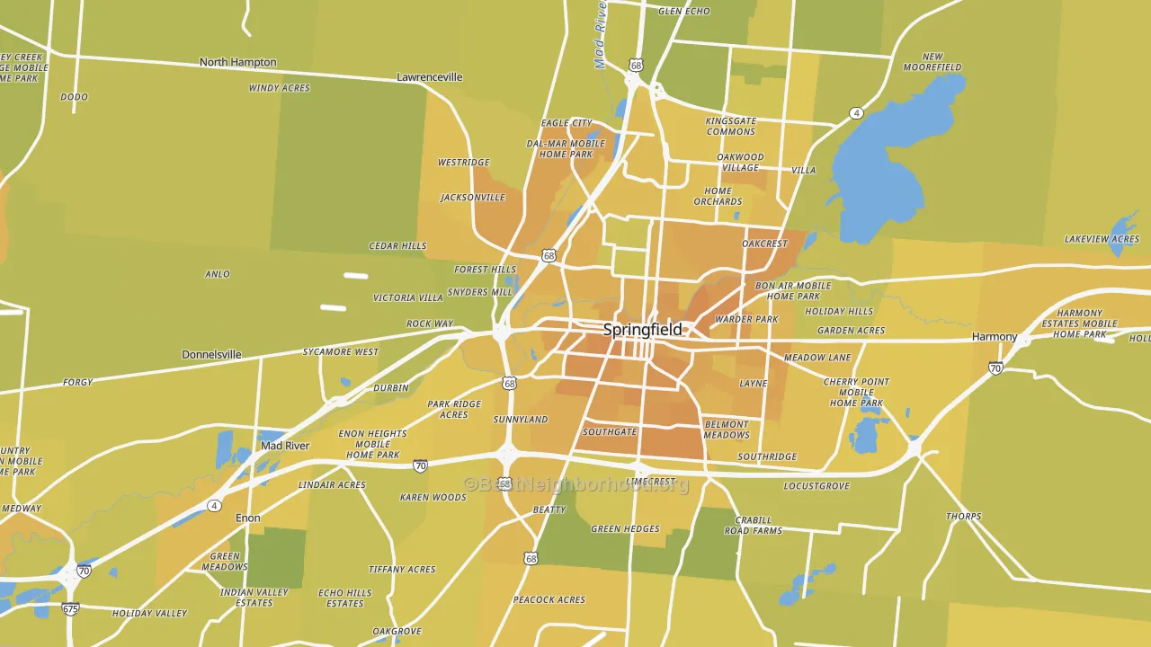 Map of the best neighborhoods in the Clark County area, with better matches in green and worse matches in red