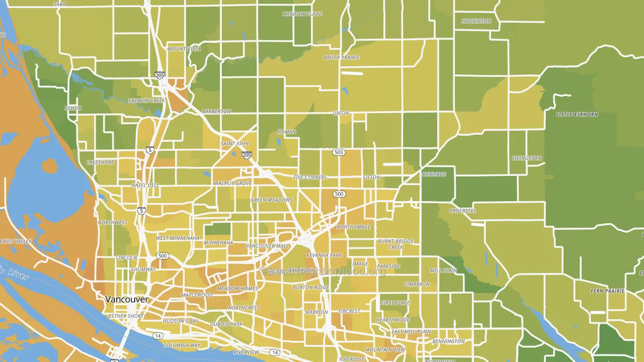 Map of the best neighborhoods in the Clark County area, with better matches in green and worse matches in red