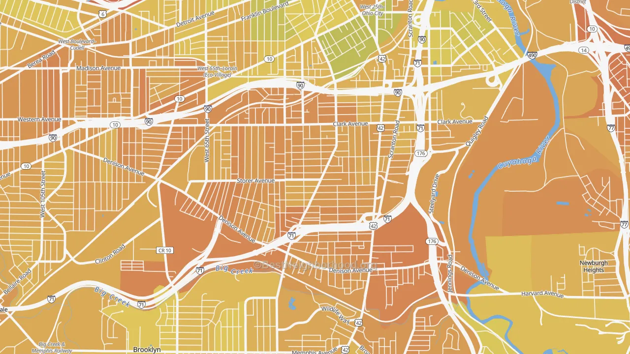 Map of the best neighborhoods in the Clark-Fulton, Cleveland area, with better matches in green and worse matches in red