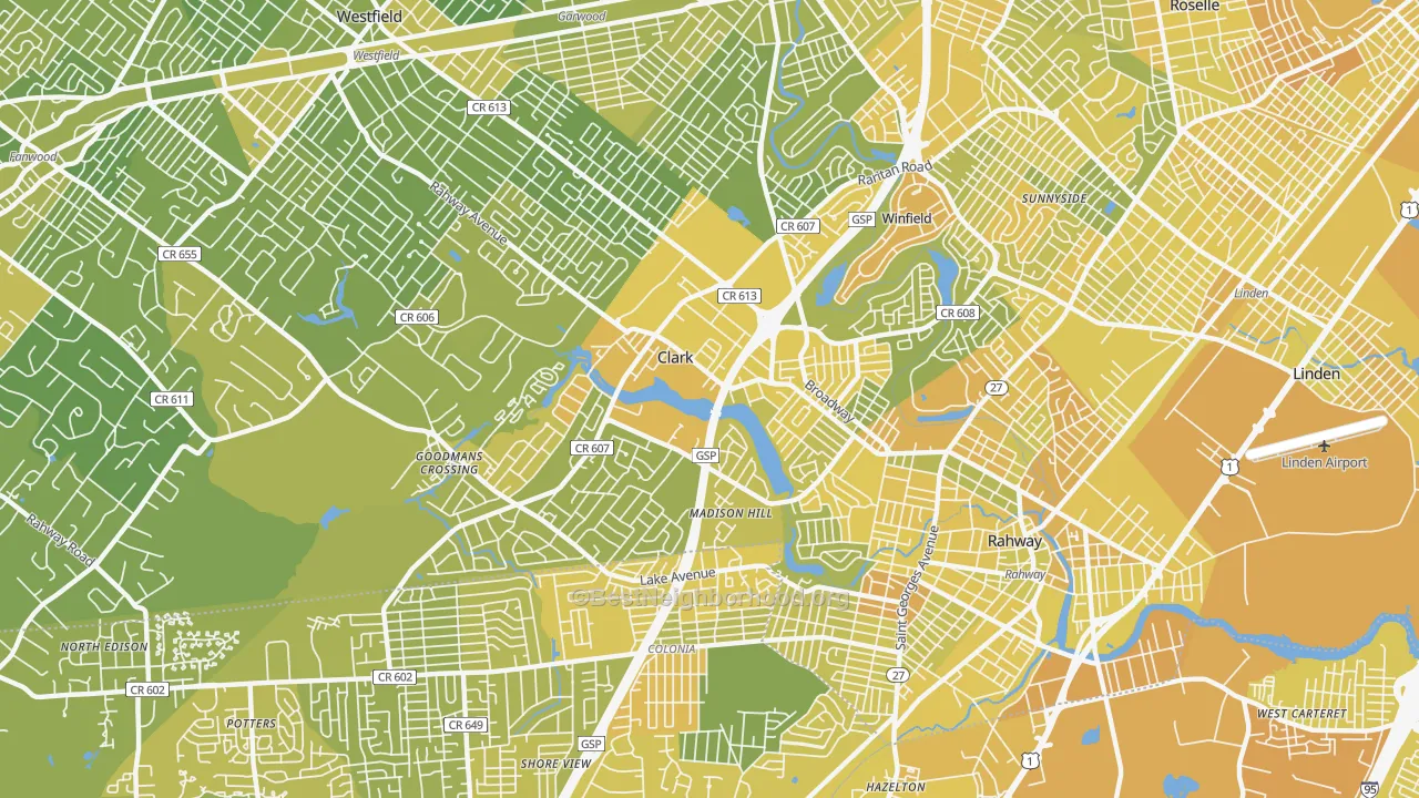 Map of the best neighborhoods in the Clark area, with better matches in green and worse matches in red