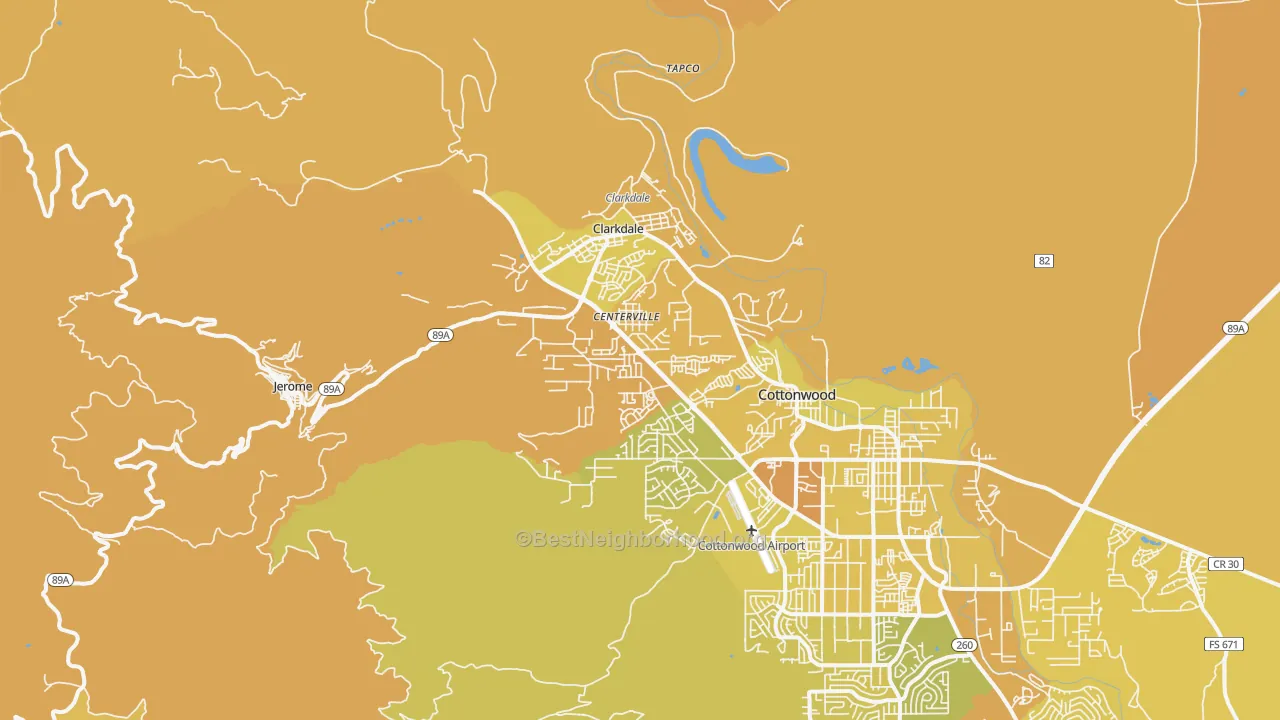 Map of the best neighborhoods in the Clarkdale area, with better matches in green and worse matches in red