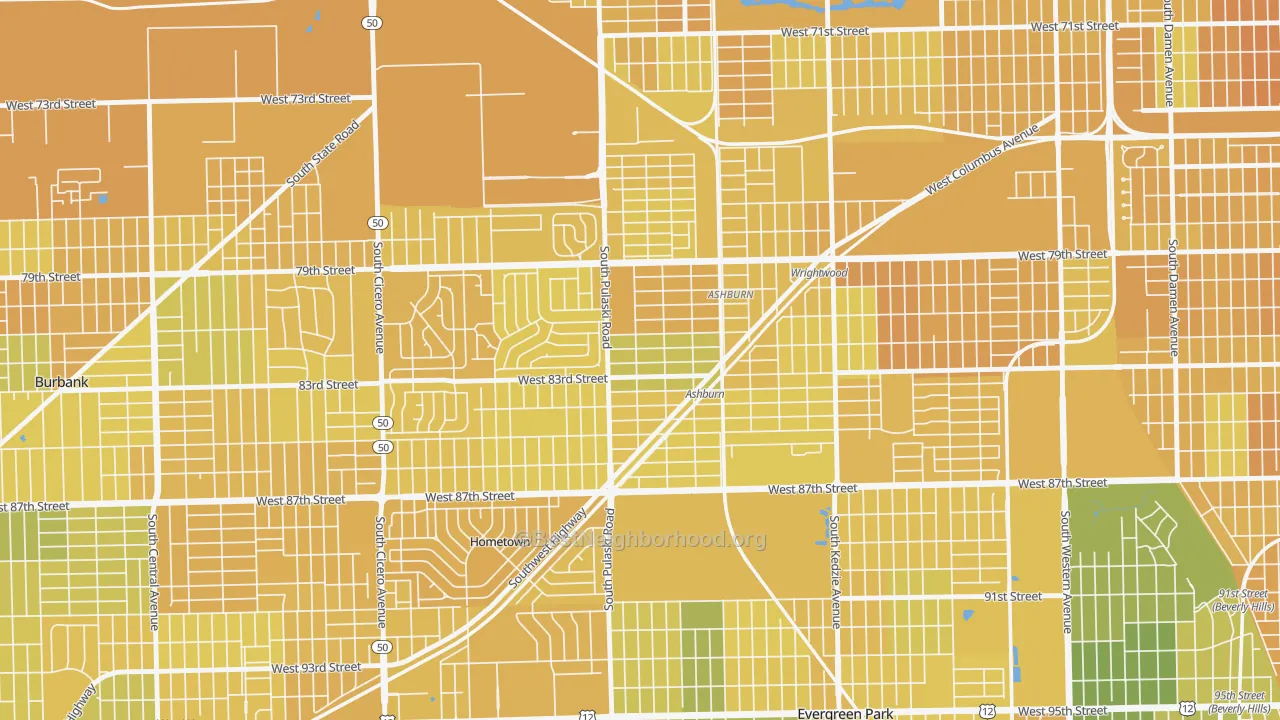 Map of the best neighborhoods in the Clarkdale, Chicago area, with better matches in green and worse matches in red