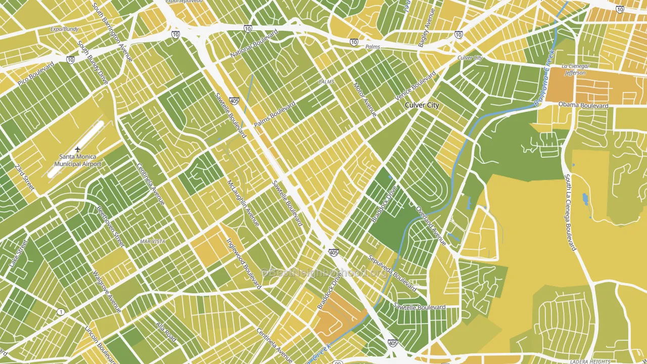 Map of the best neighborhoods in the Clarkdale, Culver City area, with better matches in green and worse matches in red