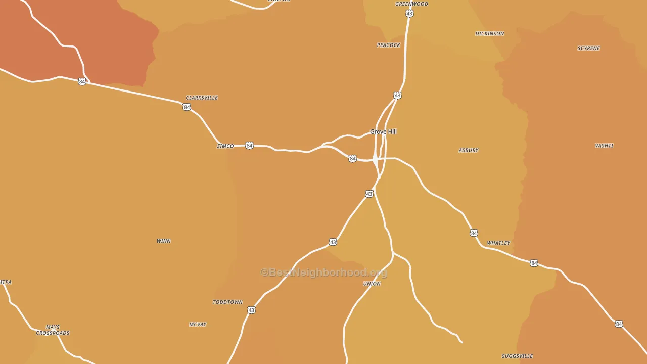 Map of the best neighborhoods in the Clarke County area, with better matches in green and worse matches in red