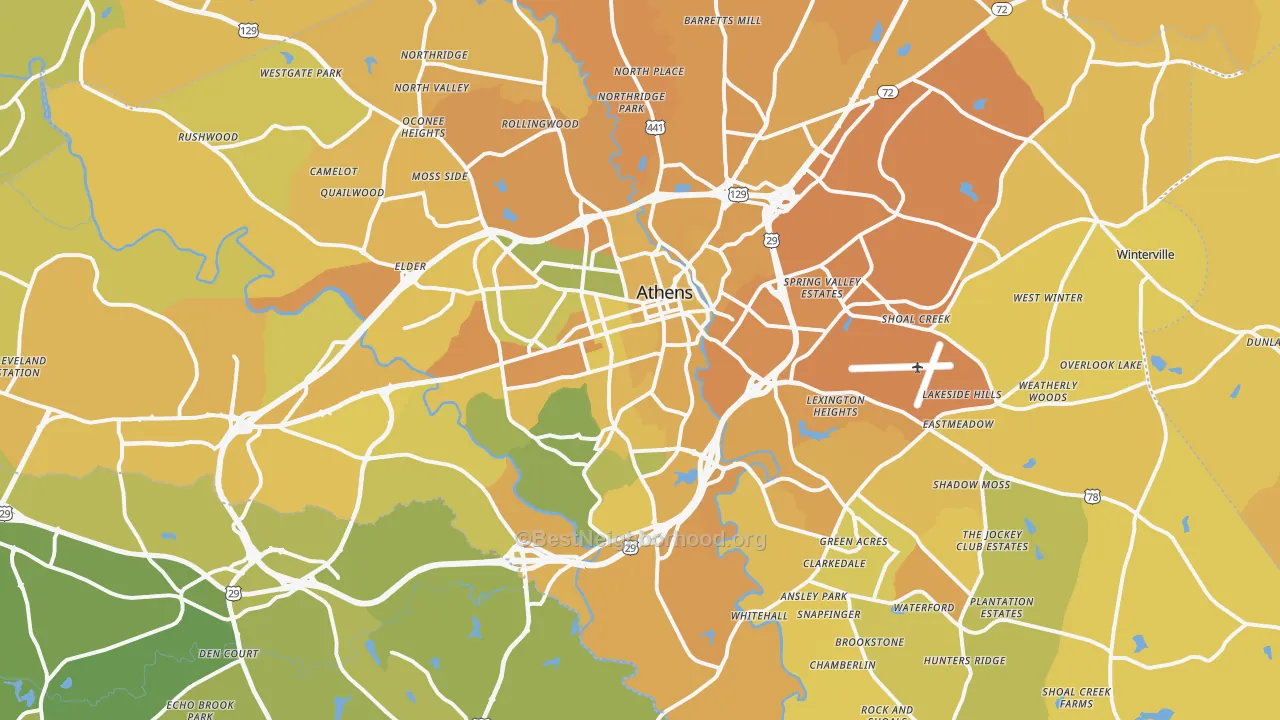 Map of the best neighborhoods in the Clarke County area, with better matches in green and worse matches in red
