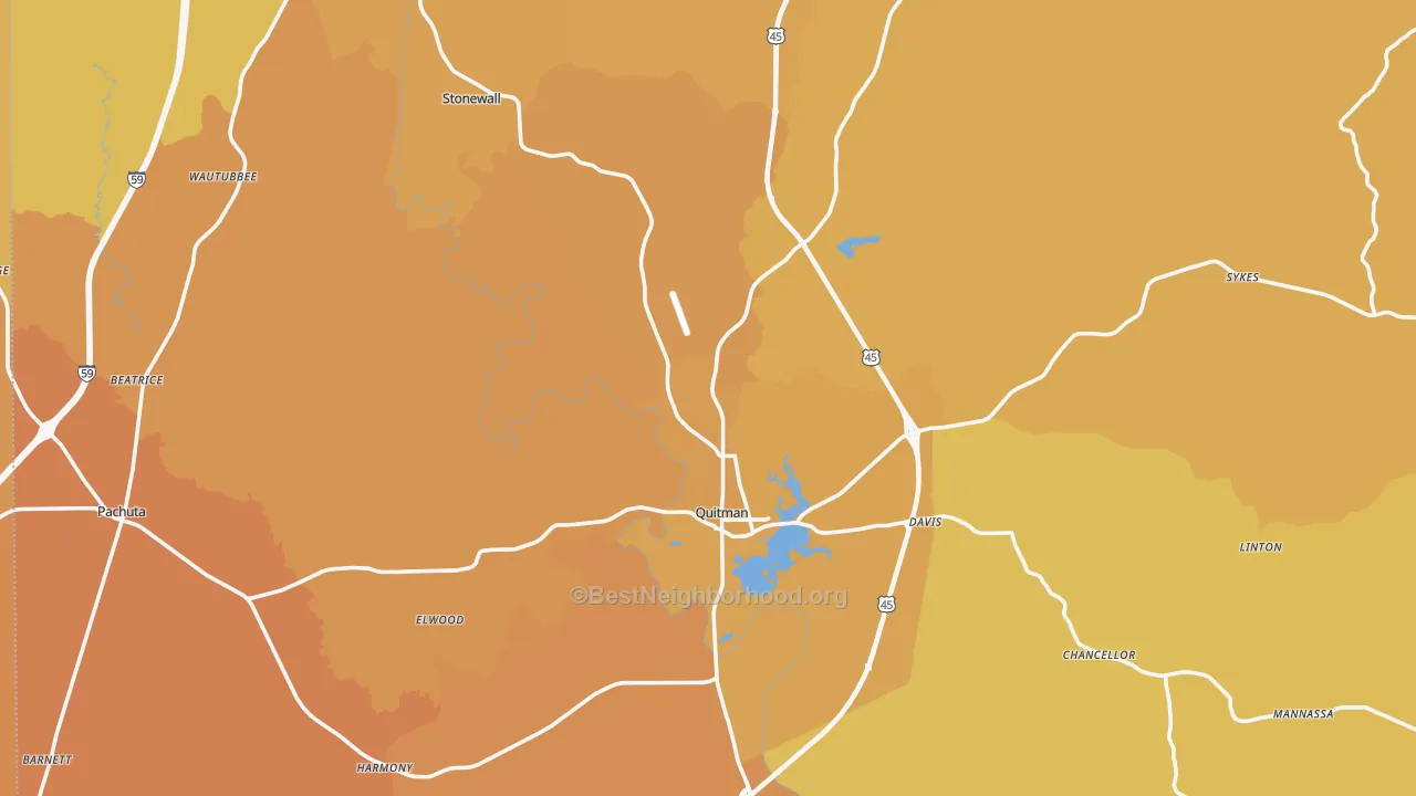Map of the best neighborhoods in the Clarke County area, with better matches in green and worse matches in red