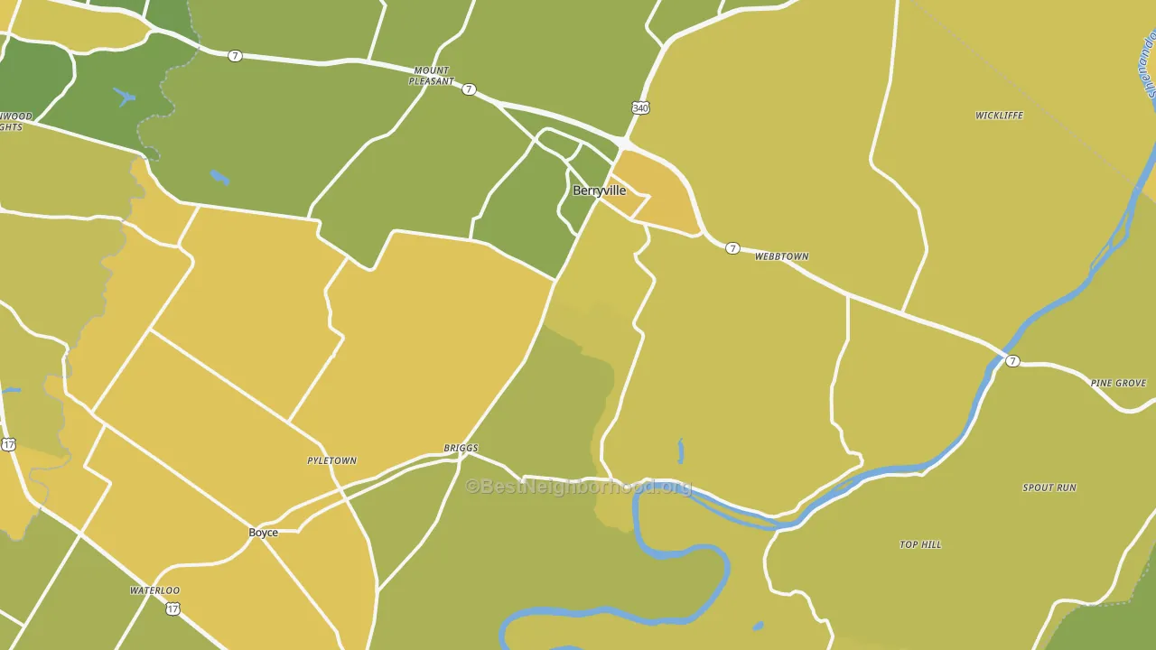 Map of the best neighborhoods in the Clarke County area, with better matches in green and worse matches in red