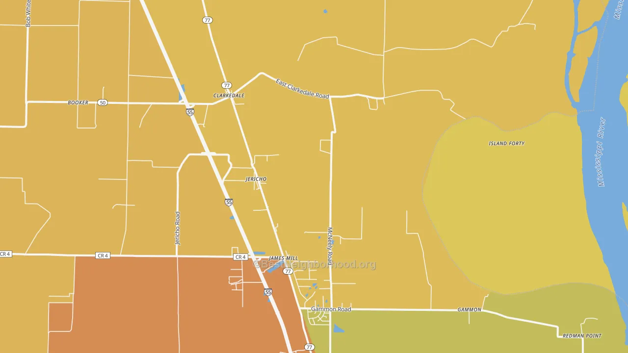 Map of the best neighborhoods in the Clarkedale area, with better matches in green and worse matches in red