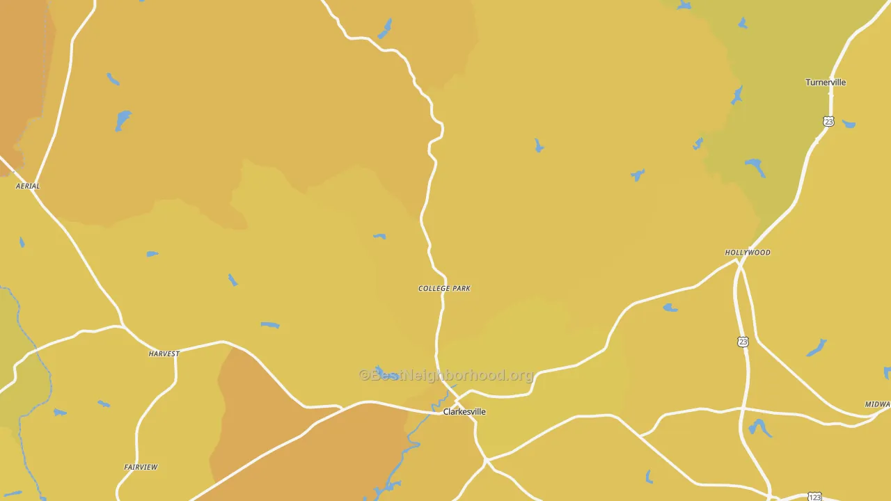 Map of the best neighborhoods in the Clarkesville area, with better matches in green and worse matches in red
