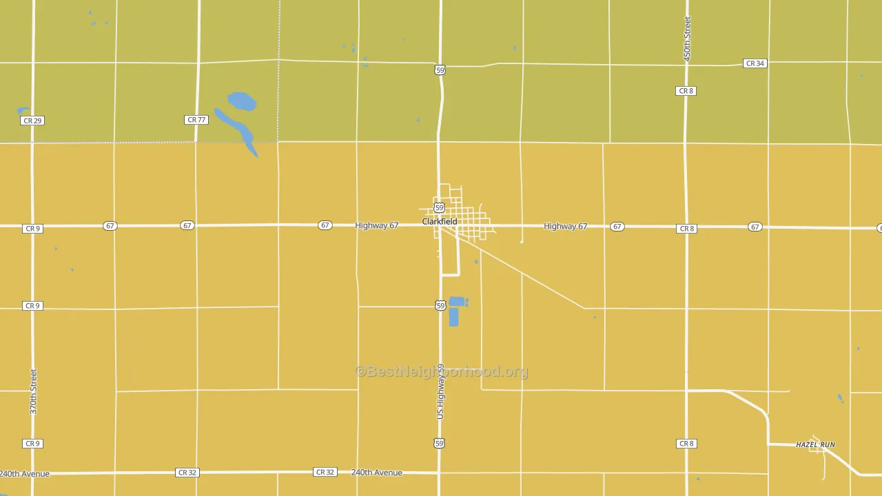 Map of the best neighborhoods in the Clarkfield area, with better matches in green and worse matches in red