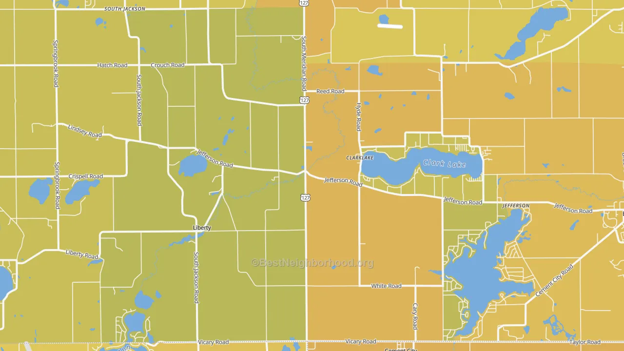 Map of the best neighborhoods in the Clarklake area, with better matches in green and worse matches in red