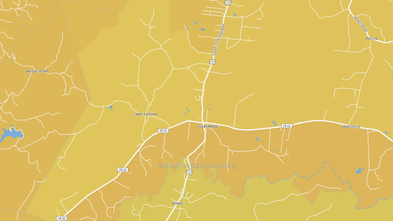 Map of the best neighborhoods in the Clarkrange area, with better matches in green and worse matches in red