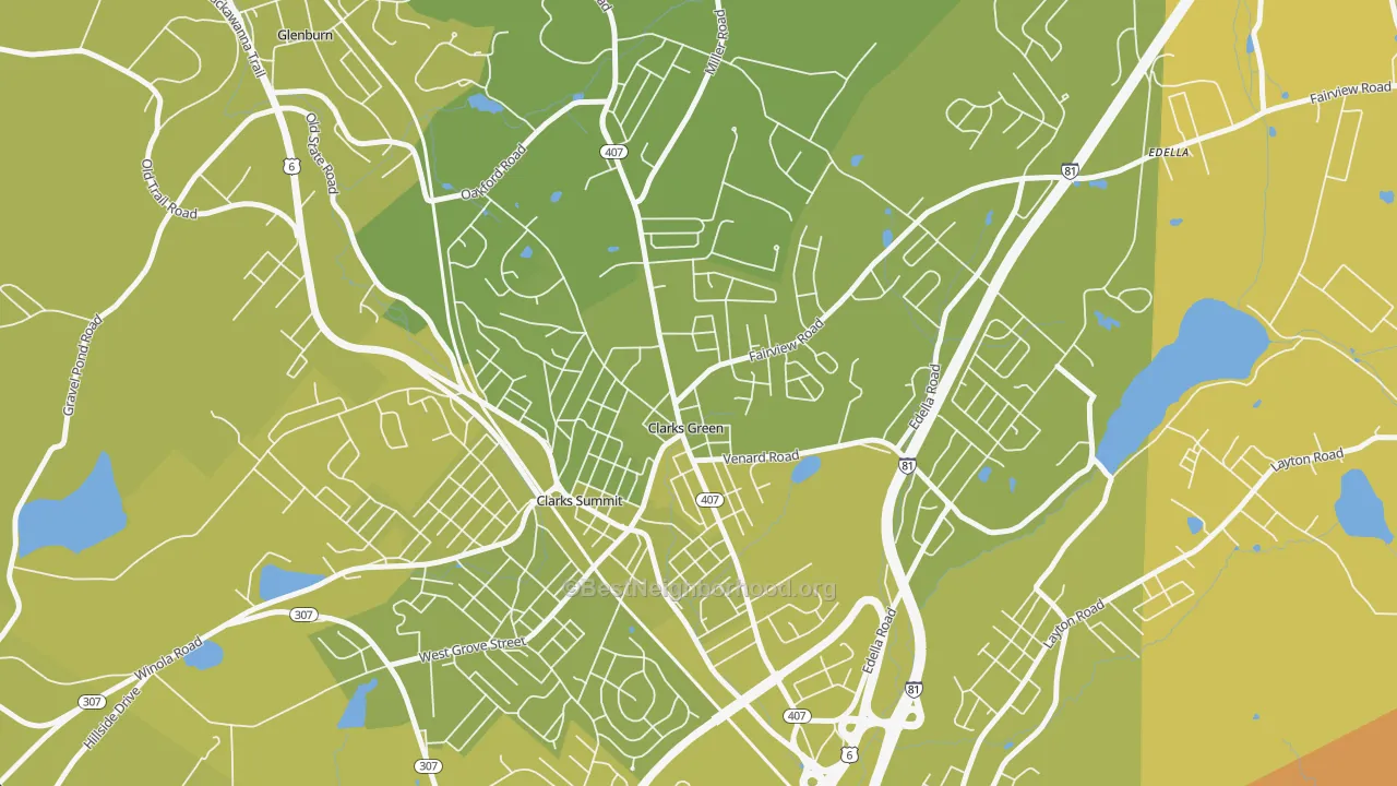 Map of the best neighborhoods in the Clarks Green area, with better matches in green and worse matches in red