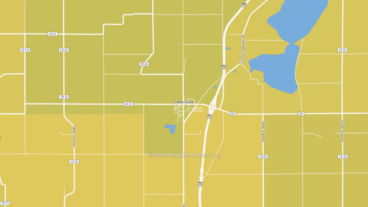 Map of the best neighborhoods in the Clarks Grove area, with better matches in green and worse matches in red