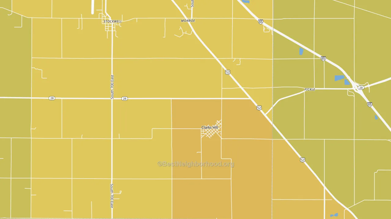 Map of the best neighborhoods in the Clarks Hill area, with better matches in green and worse matches in red