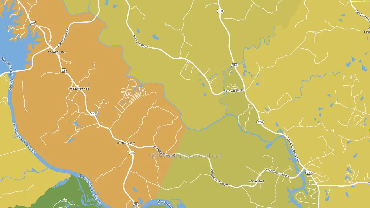 Map of the best neighborhoods in the Clarks Hill area, with better matches in green and worse matches in red