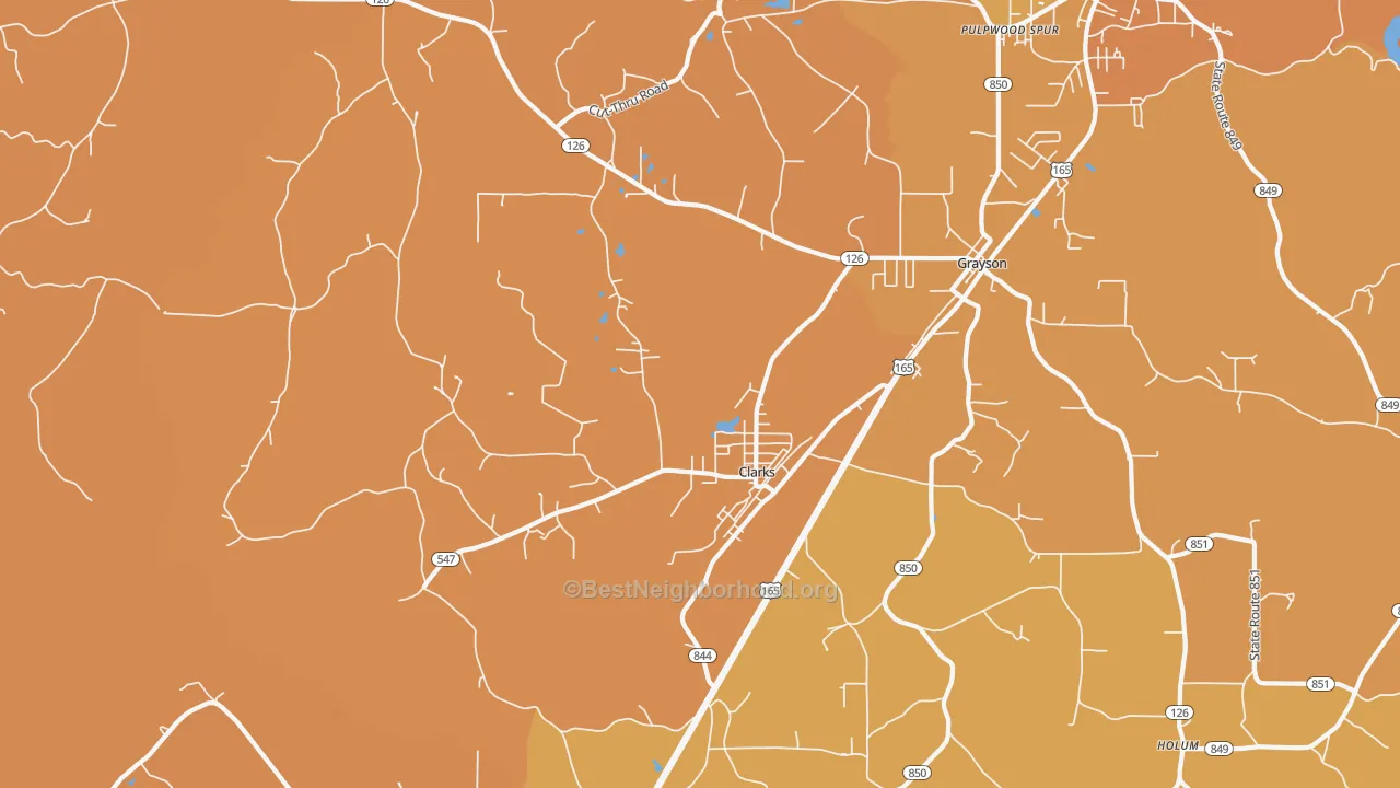 Map of the best neighborhoods in the Clarks area, with better matches in green and worse matches in red